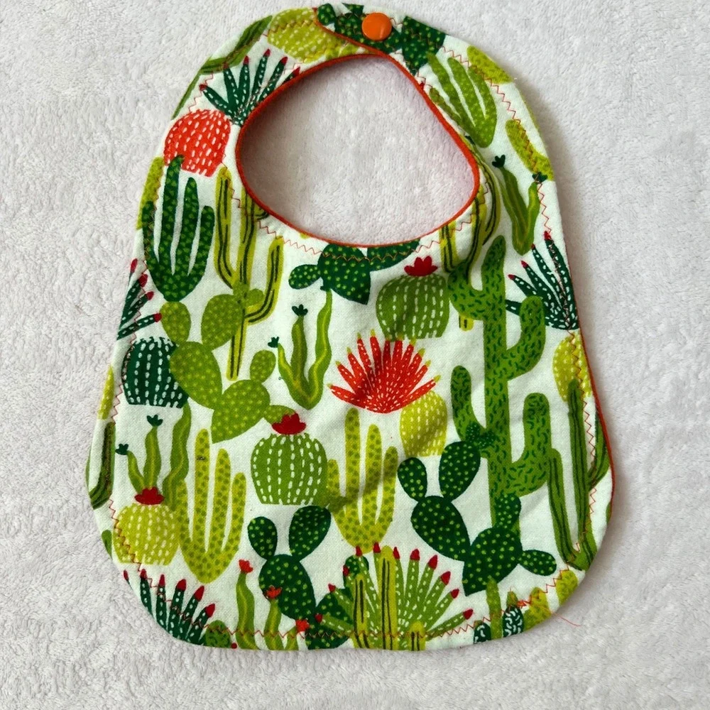 Handmade Baby Bibs Green Orange Cactus Succulent Print Set of 3 OS